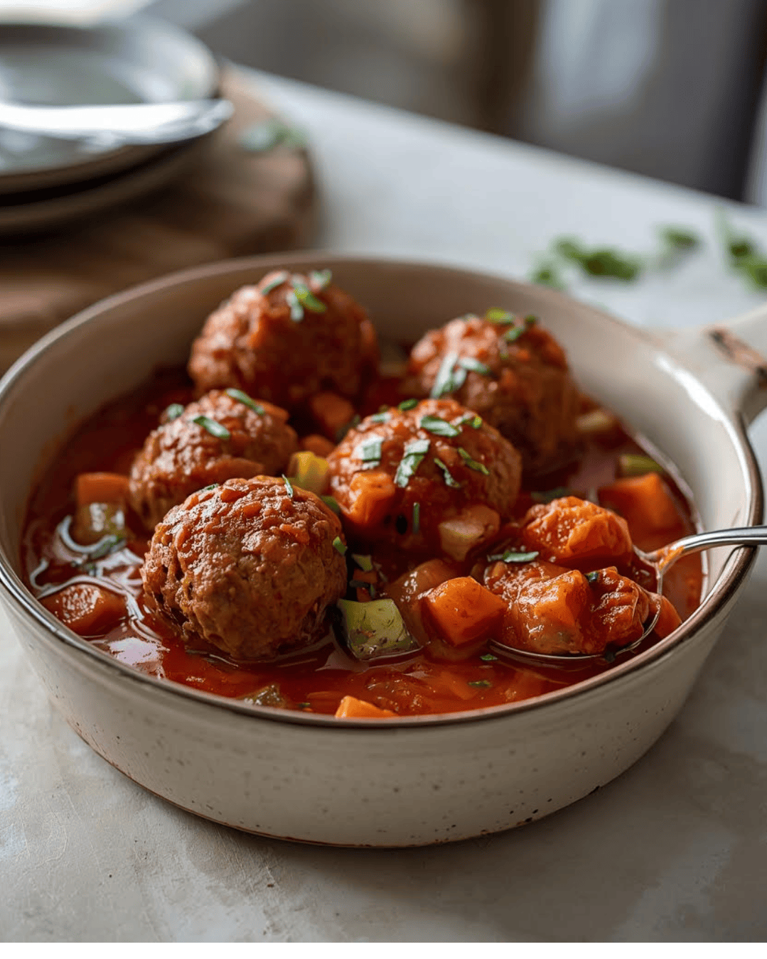 Boulettes de poulet mijotées dans une sauce tomate avec morceaux de carottes et légumes