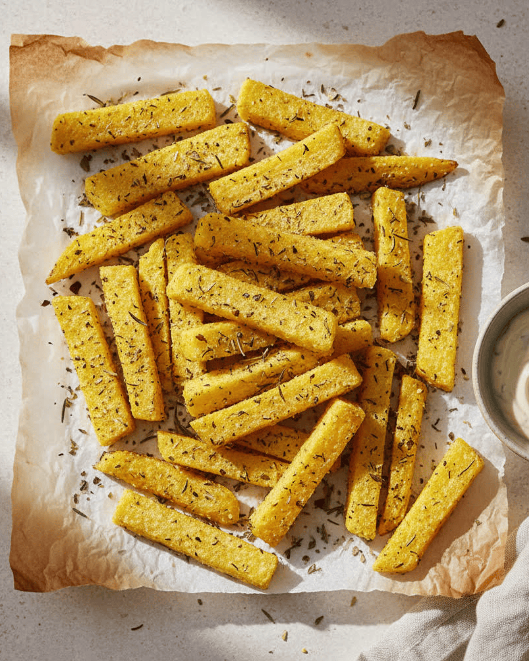 Frites de polenta croustillantes dorées au four disposées sur une plaque avec herbes de Provence.