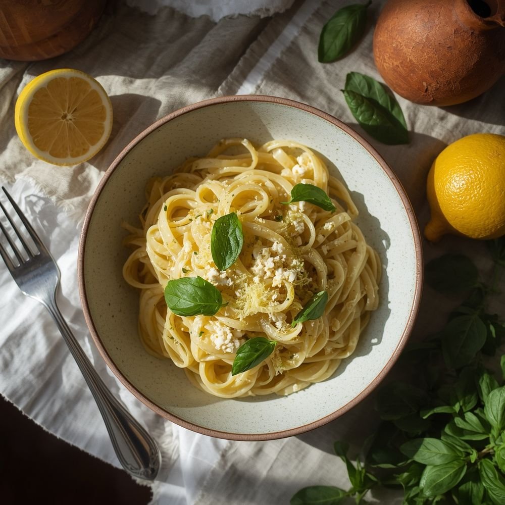 Des pâtes crémeuses au citron et basilic prêtes en quinze minutes, sans une goutte de crème. La ricotta fouettée fait tout le travail à ta place.