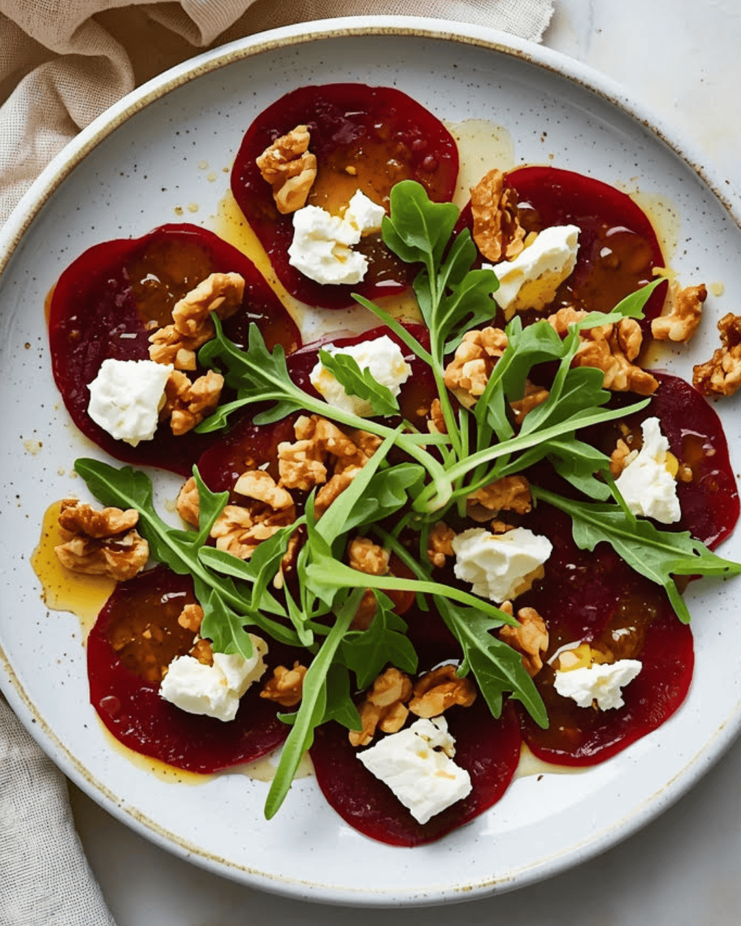 Carpaccio de betterave chèvre frais, noix et vinaigrette orange