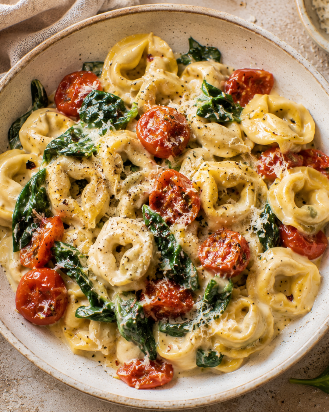 Tortellini crémeux aux épinards frais et tomates fondantes.