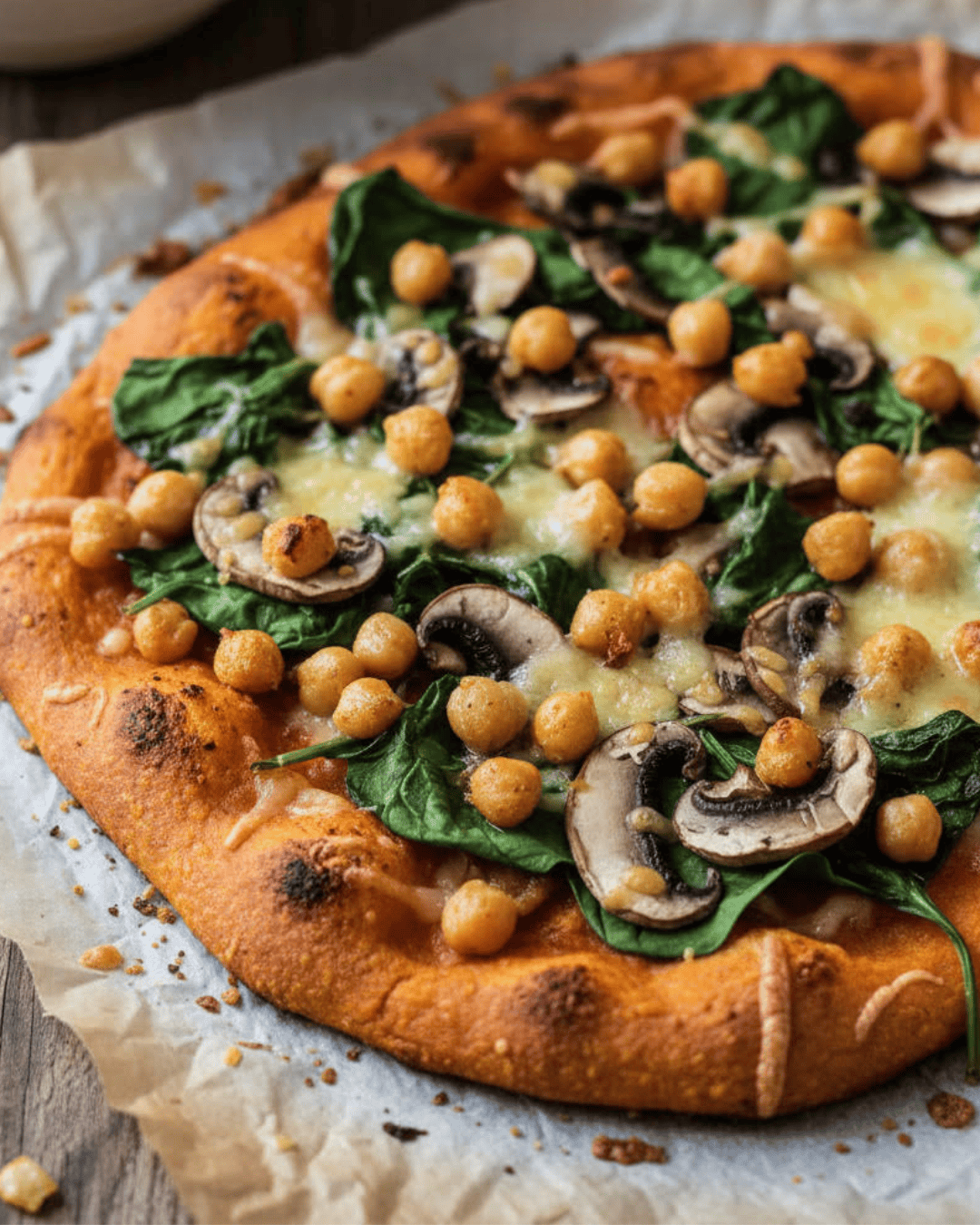 Pizza végétarienne à la patate douce, pois chiches et champignons