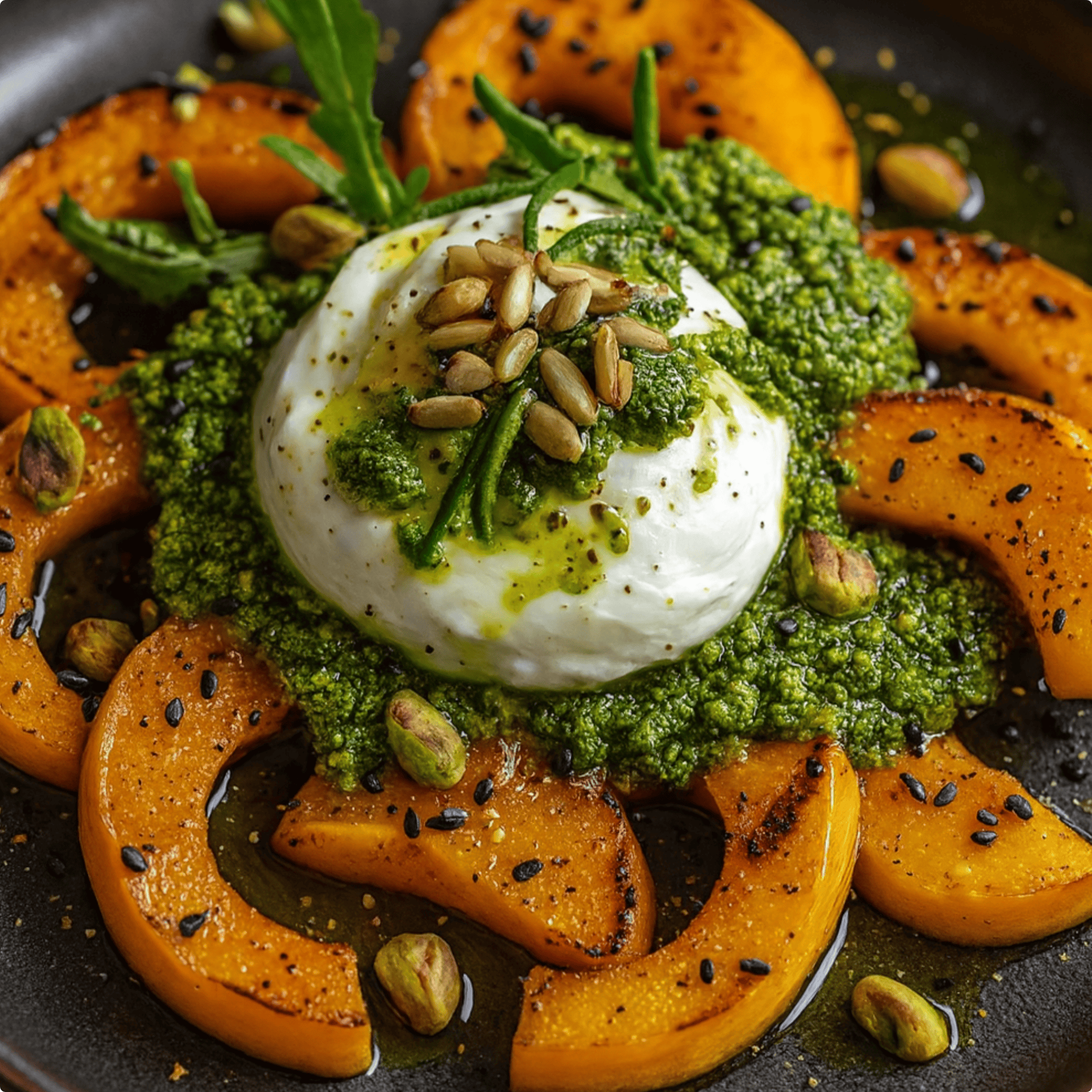 Potimarron rôti burrata et pesto de roquette