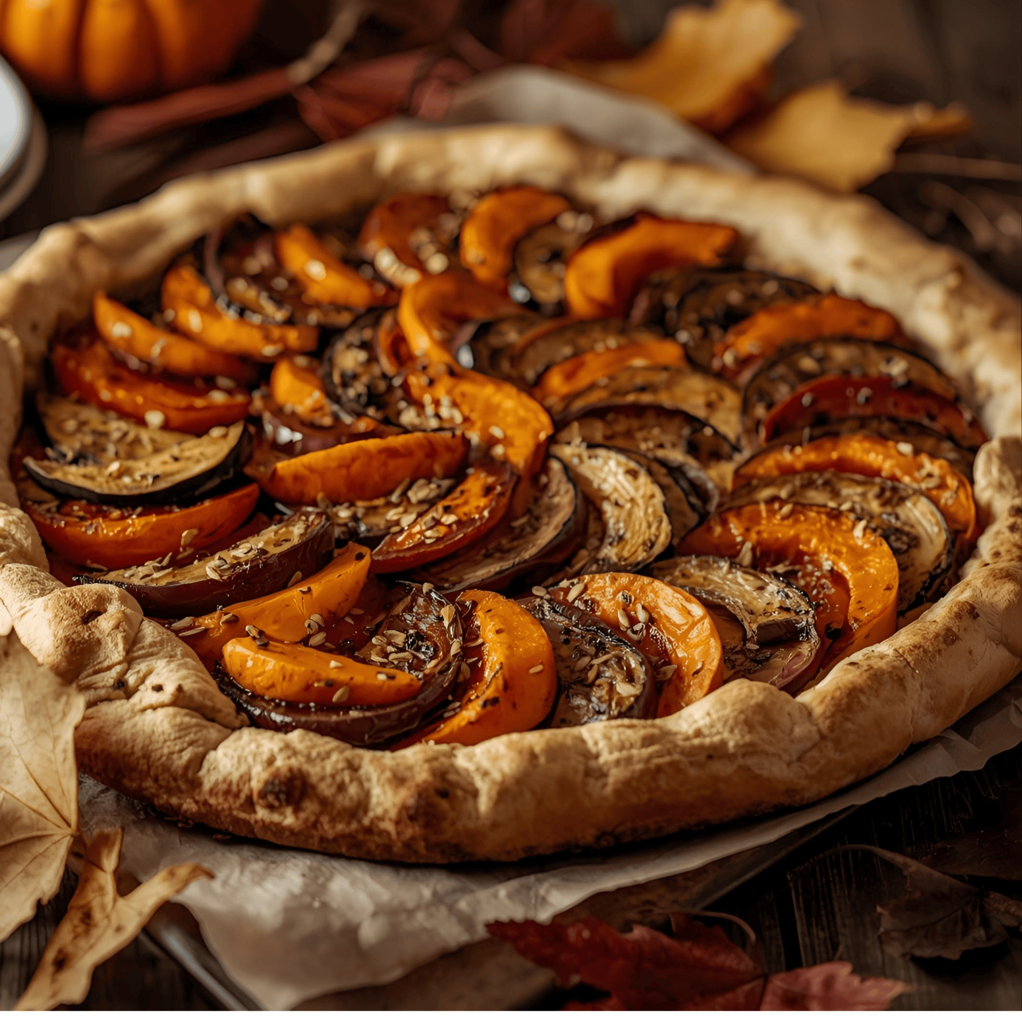 Tarte rustique au potiron rôti, aubergine et pavot 