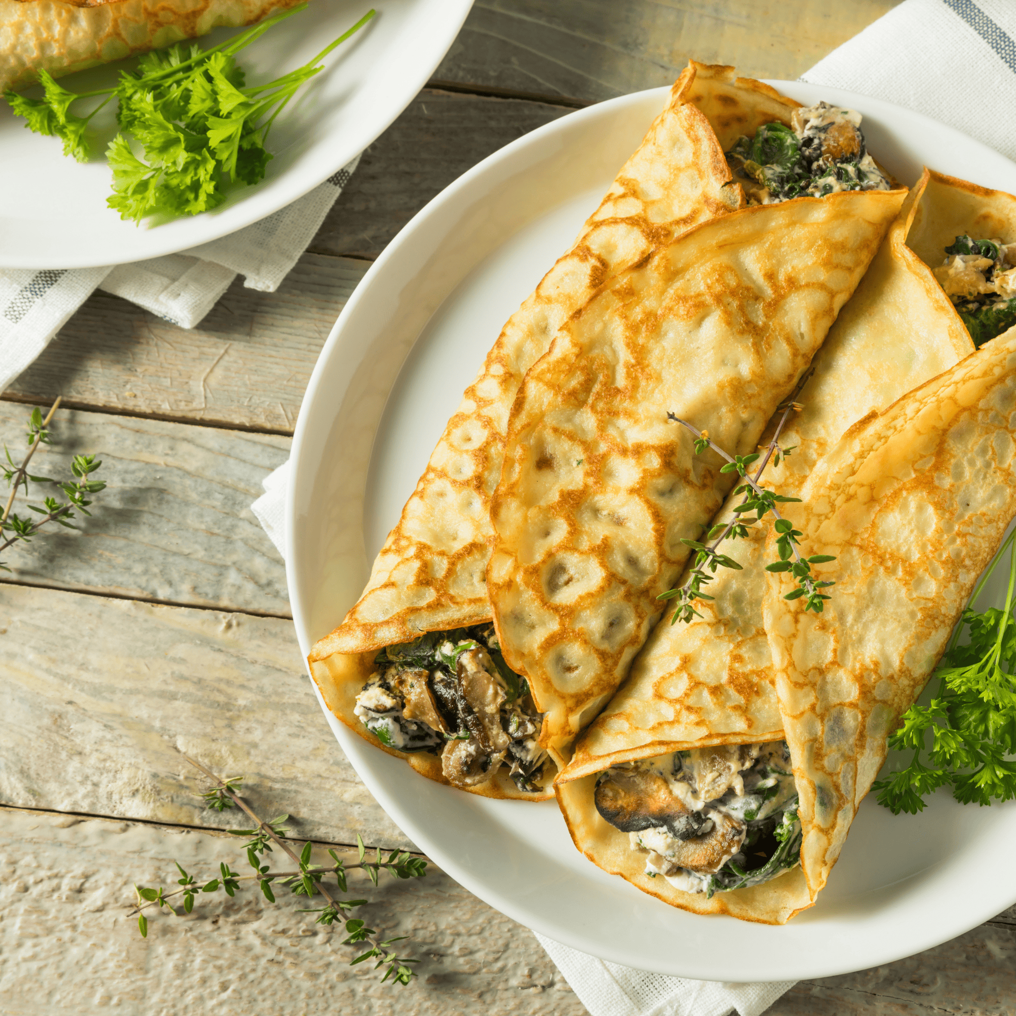 Crêpes salées aux champignons et poireaux fondants