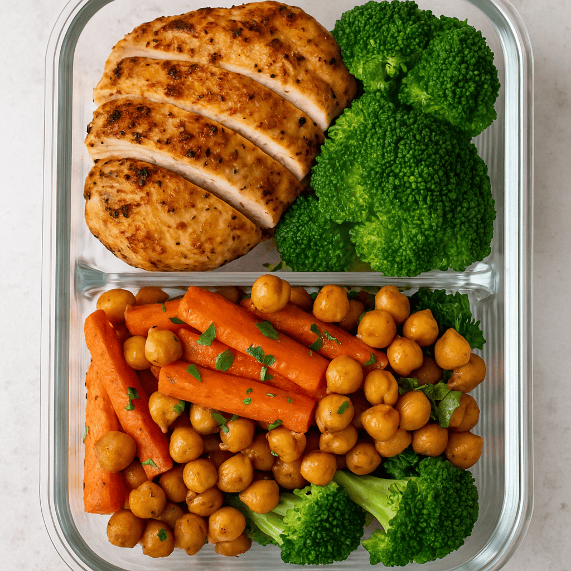 Lunch box pois chiches rôtis aux carottes fondantes et citron, poulet mariné