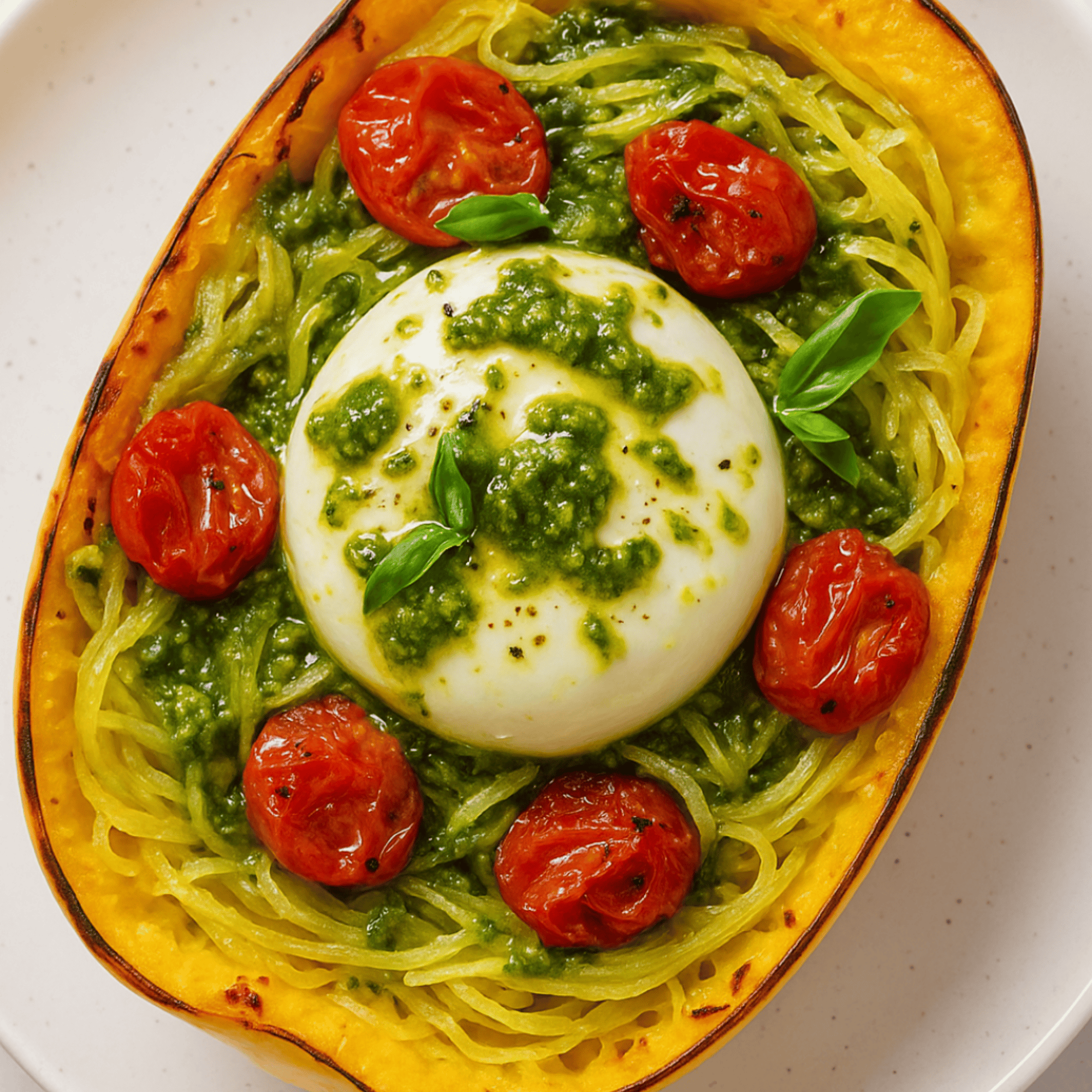Courge spaghetti rôtie garnie de pesto, burrata et tomates cerise
