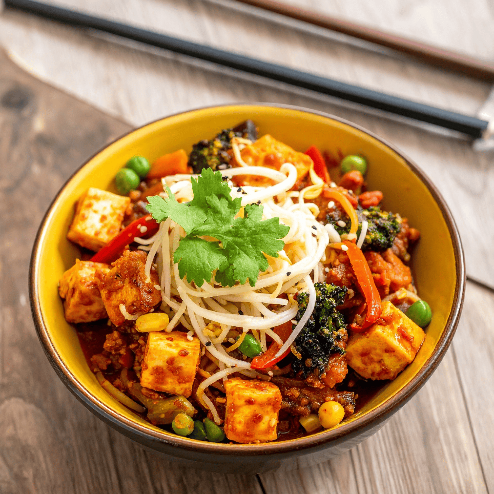 Bol de wok express végétarien avec tempeth doré, légumes croquants et nouilles de riz
