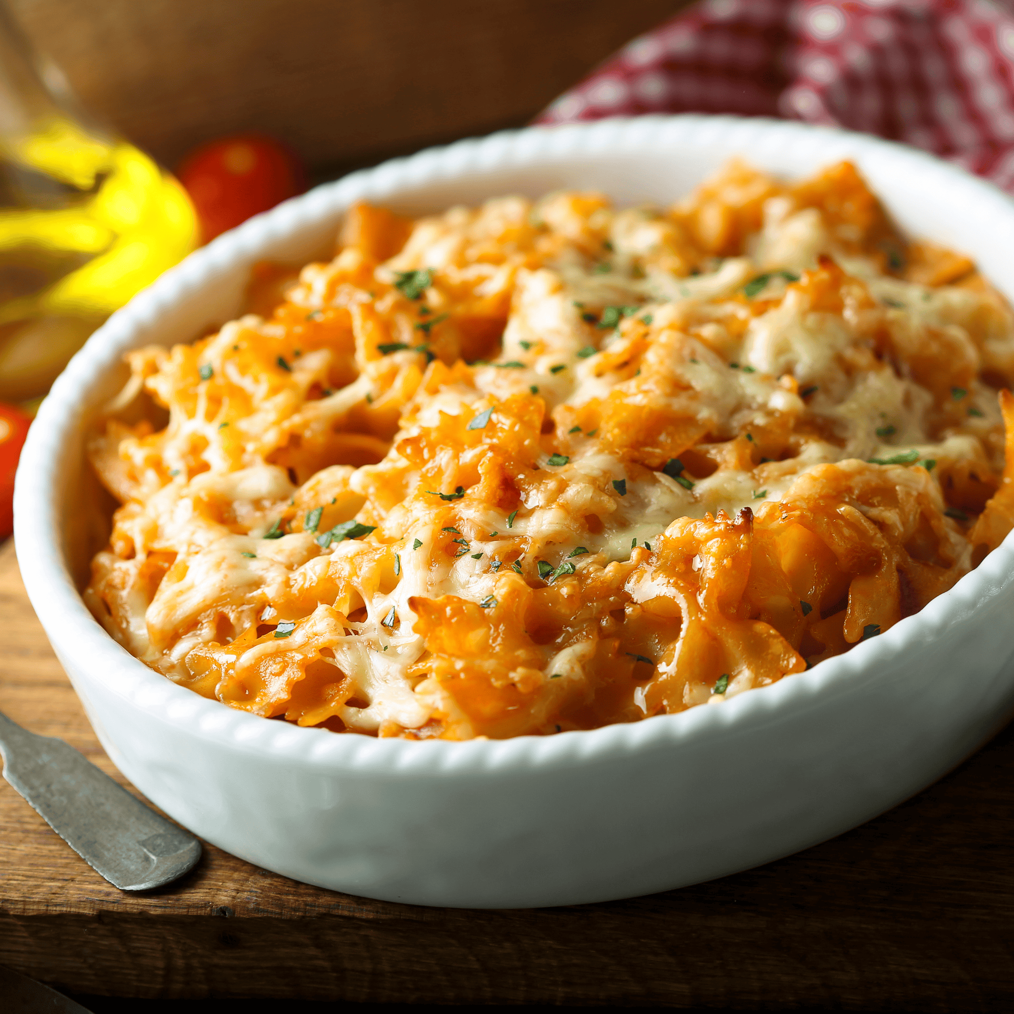 Gratin de pâtes au potimarron et mozzarella, doré au four dans un plat familial