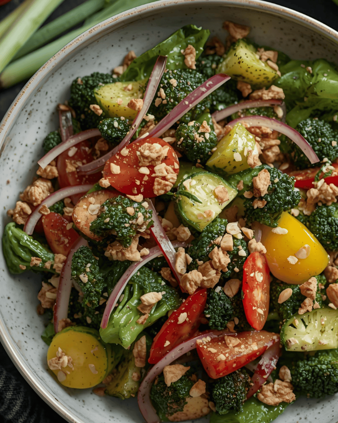 Salade croquante brocoli, tomates cerises éclats de cacahuètes