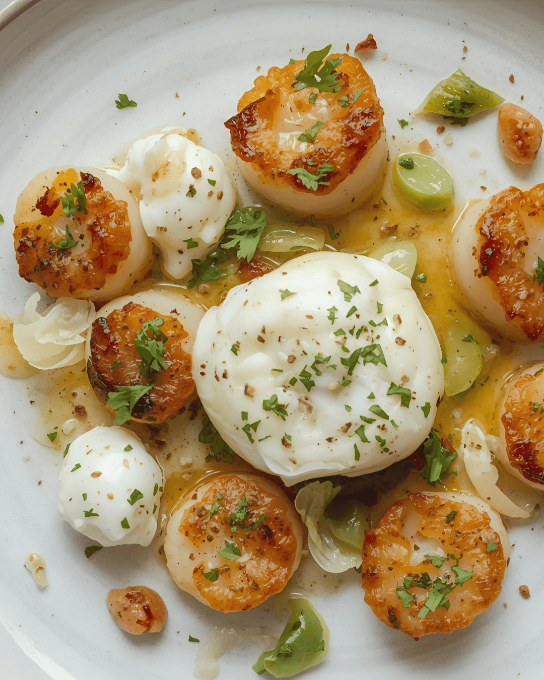 Saint-jacques snackées avec burrata crémeuse et éclats d’agrumes