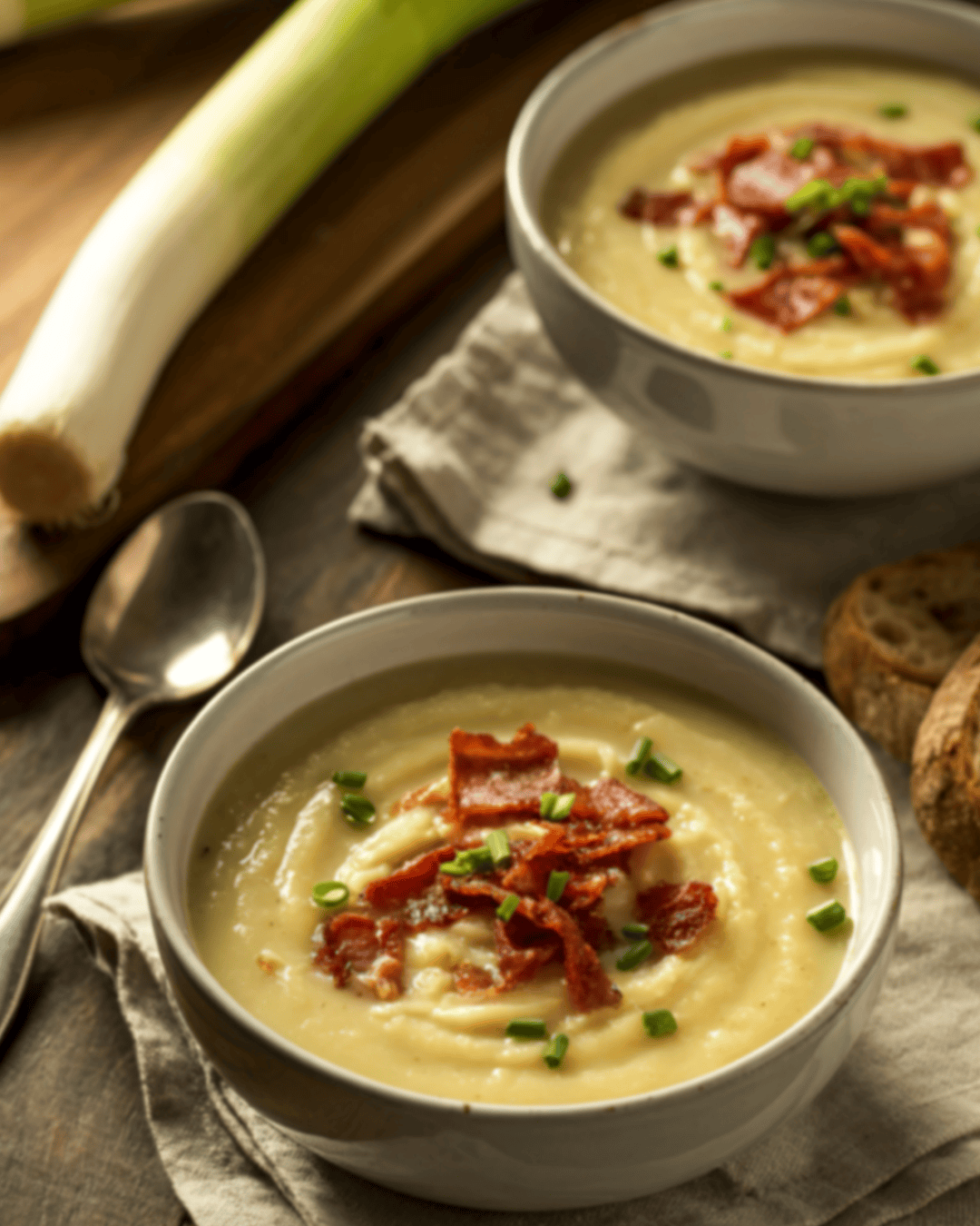 Bols de velouté de poireaux crémeux avec topping croustillant de bacon et ciboulette