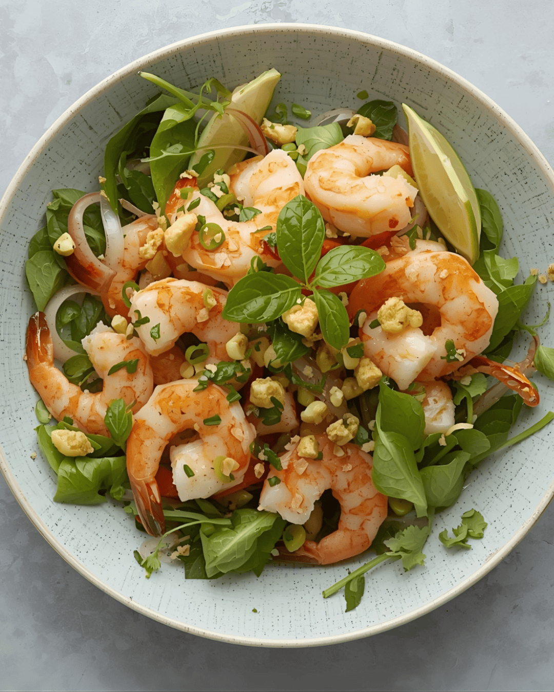 Assiette de salade fraîche aux crevettes décortiquées, litchis, jeunes pousses, menthe et coriandre, servie avec quartiers de citron vert