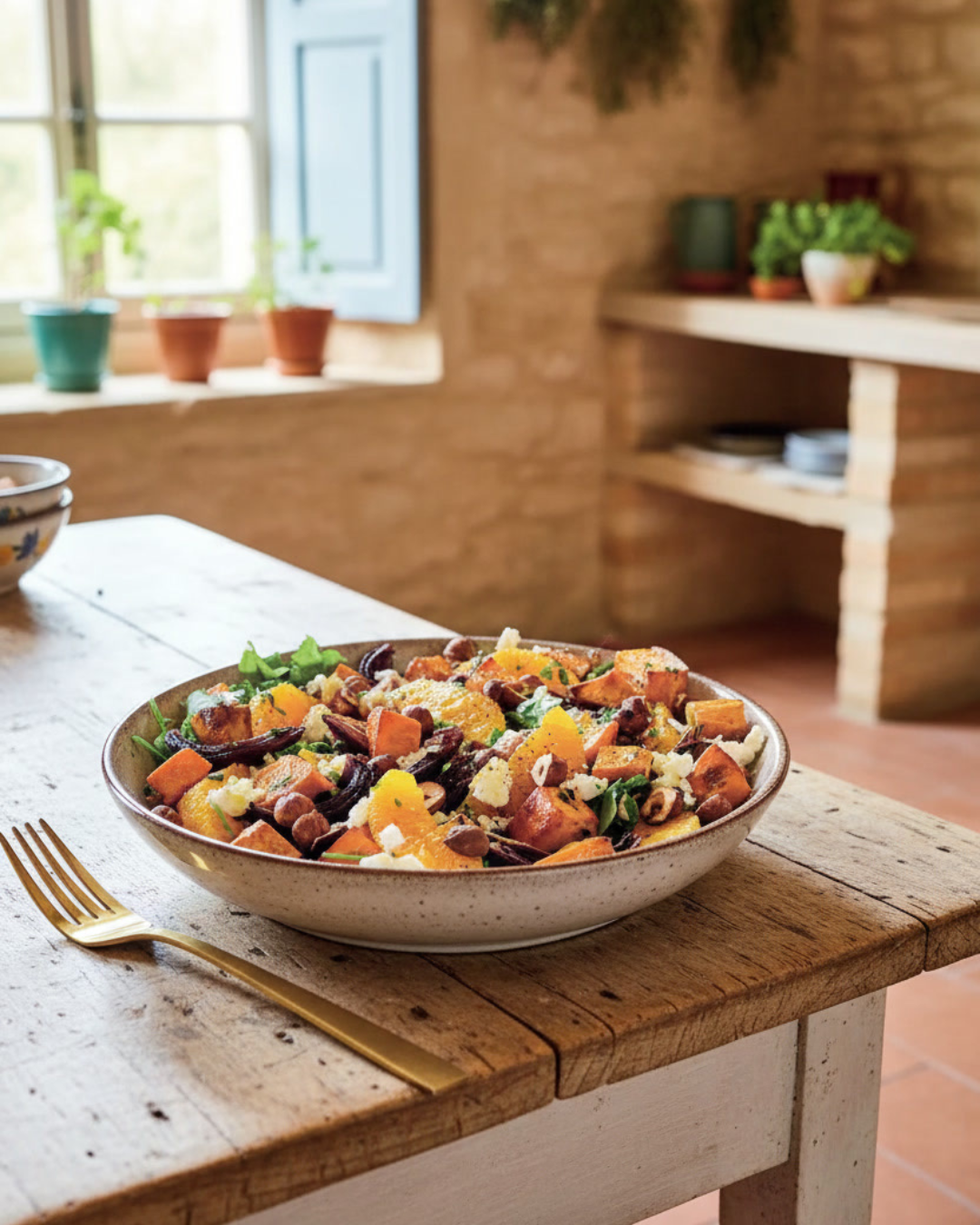 Salade tiède de patate douce rôties, orange et fromage frais