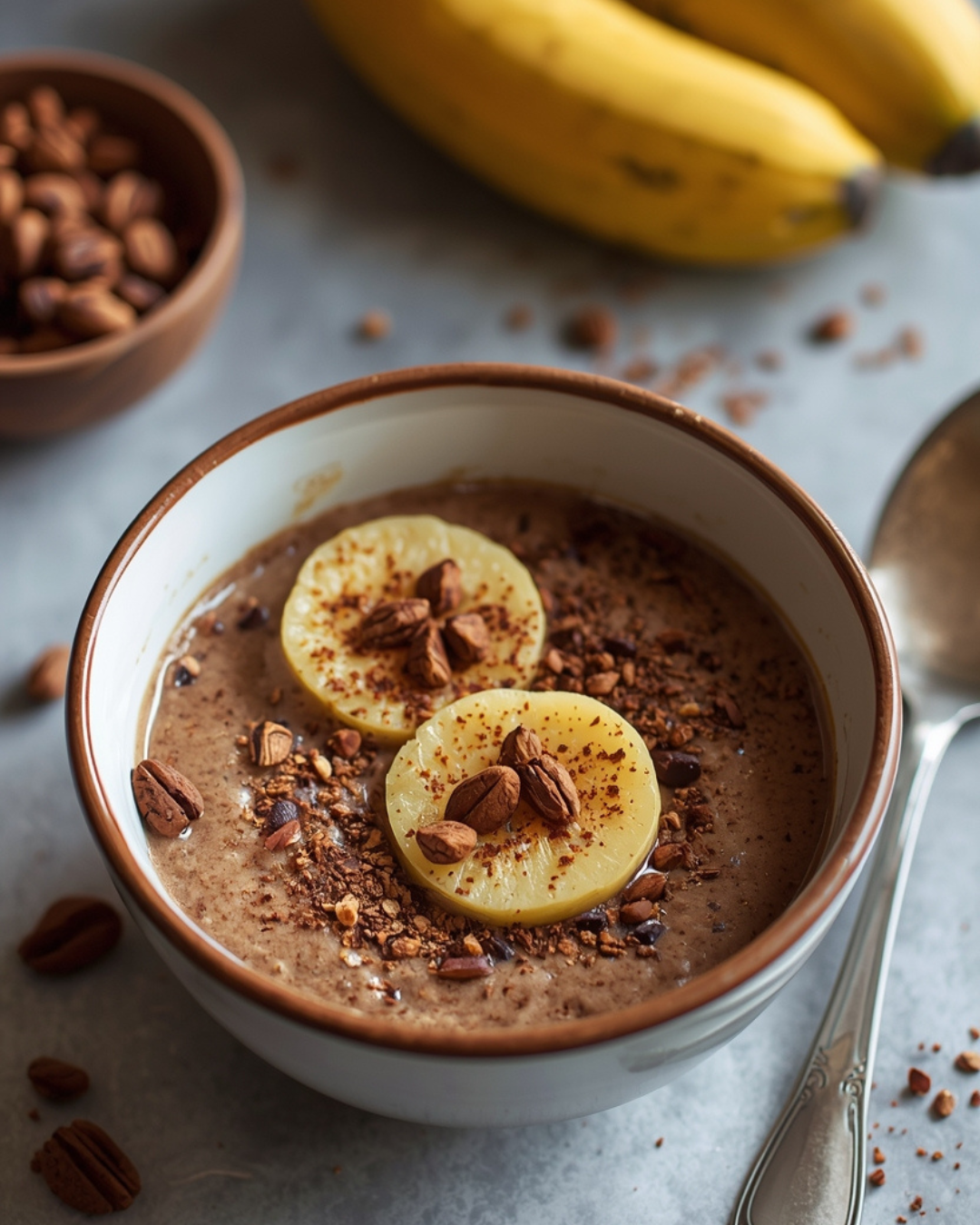 Porridge cacao banane et éclats de noisettes