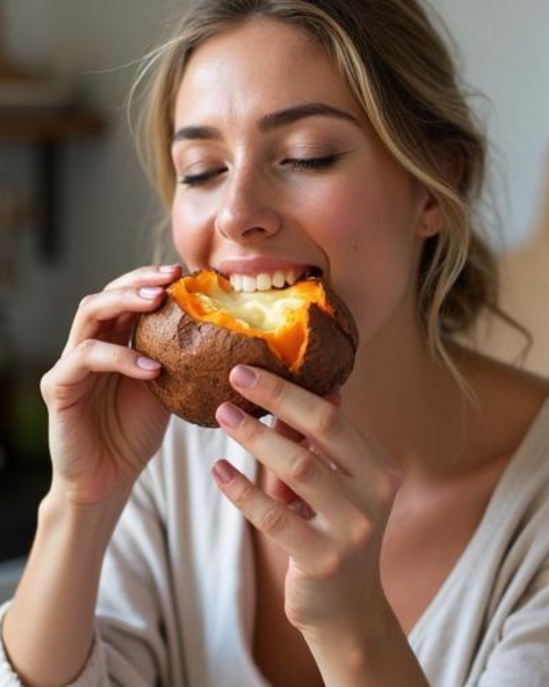 Patate douce rôtie au four, fendue au centre avec fromage fondu coulant à l’intérieur, servie chaude