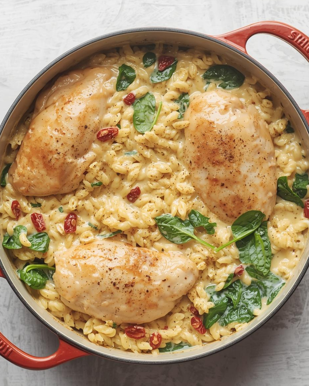 Orzo crémeux au poulet, épinards et parmesan