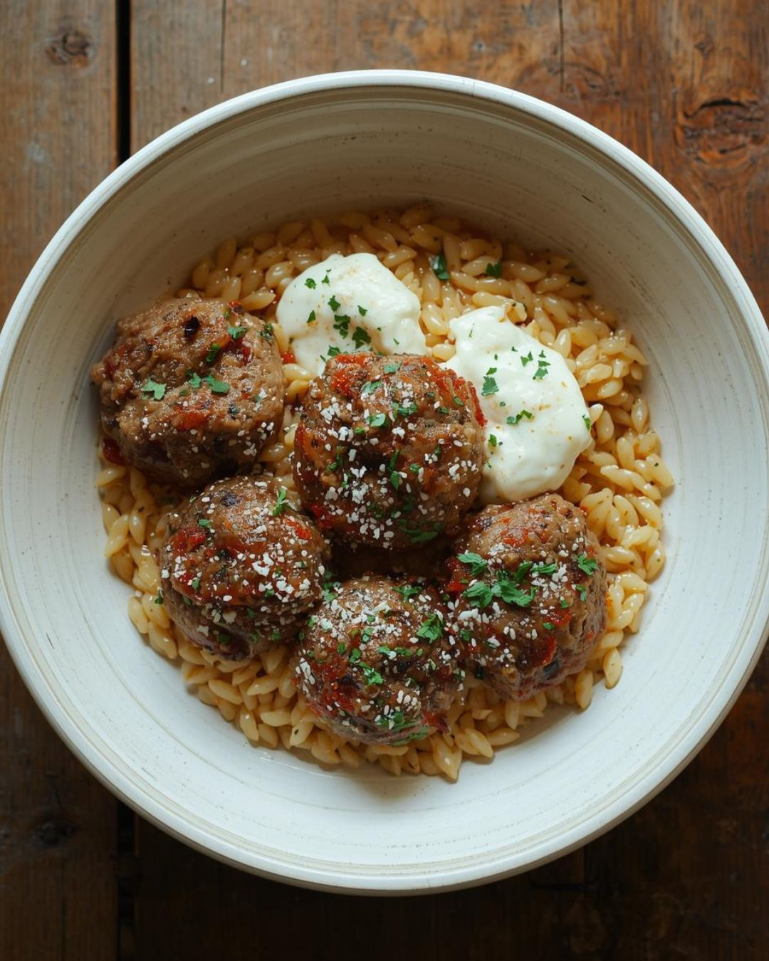 Bol de boulettes de bœuf dorées servies sur lit d’orzo crémeux, accompagné de yaourt grec, fromage râpé et persil frais