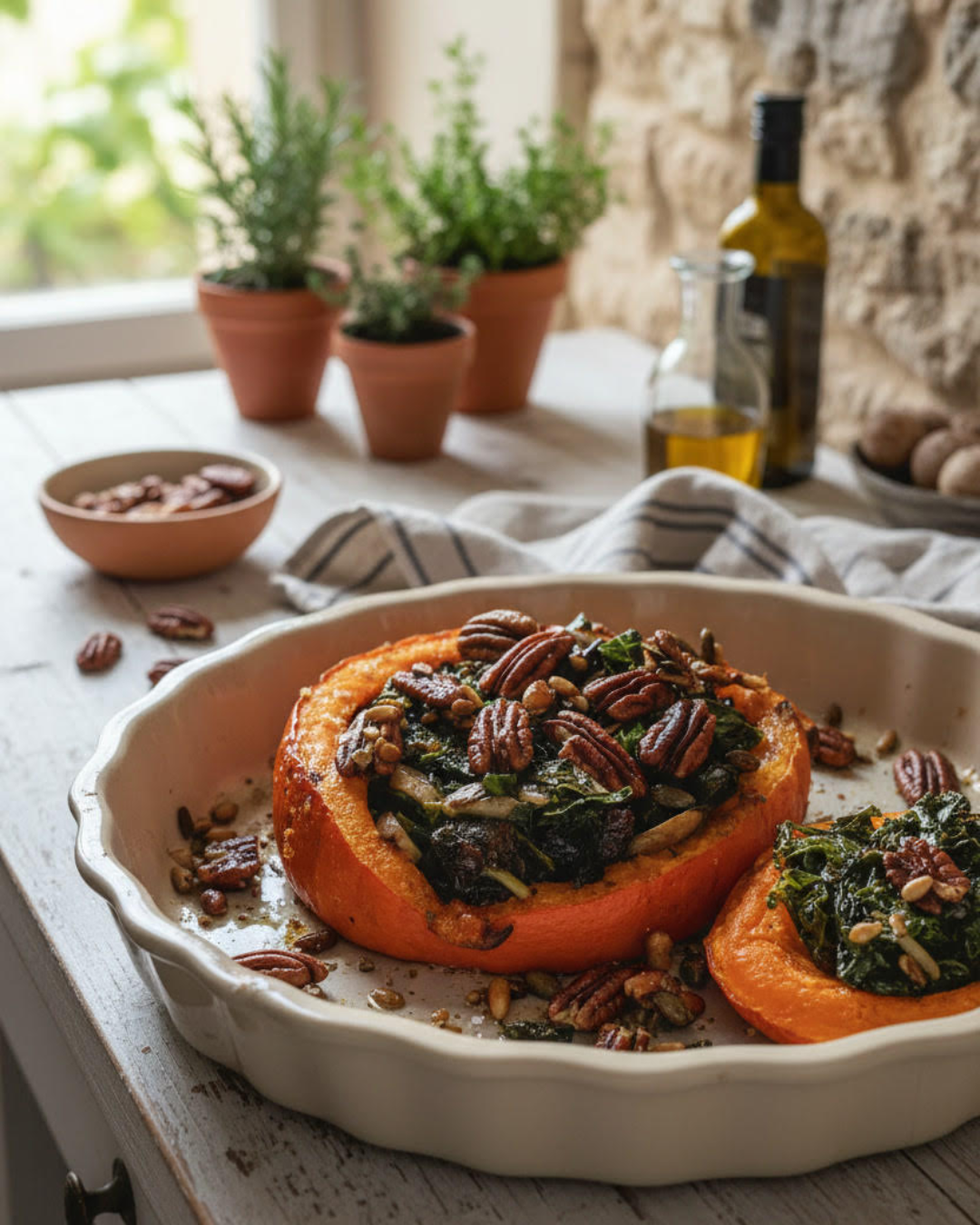 Courge rôtie farcie au kale, servie chaude avec noix de pécan et graines, plat végétarien automnal sans féculent