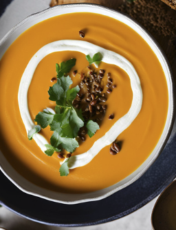 Bol de velouté de patates douces crémeux à la crème de soja, avec topping de graines et noix concassées