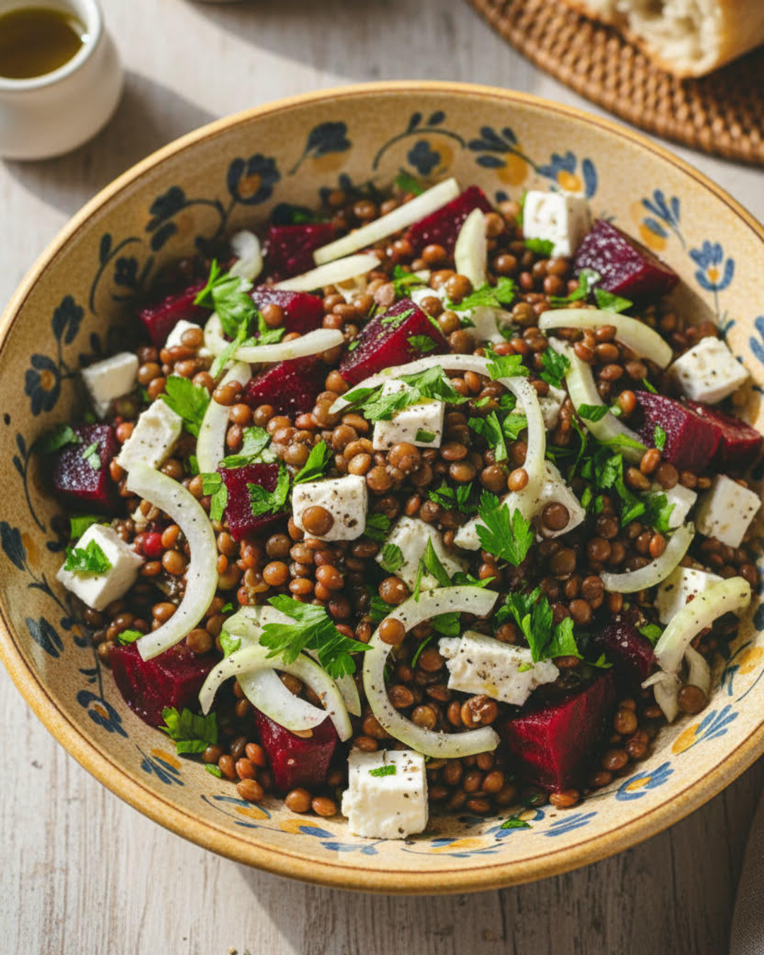 Salade tiède de lentilles avec betterave, feta et fenouil