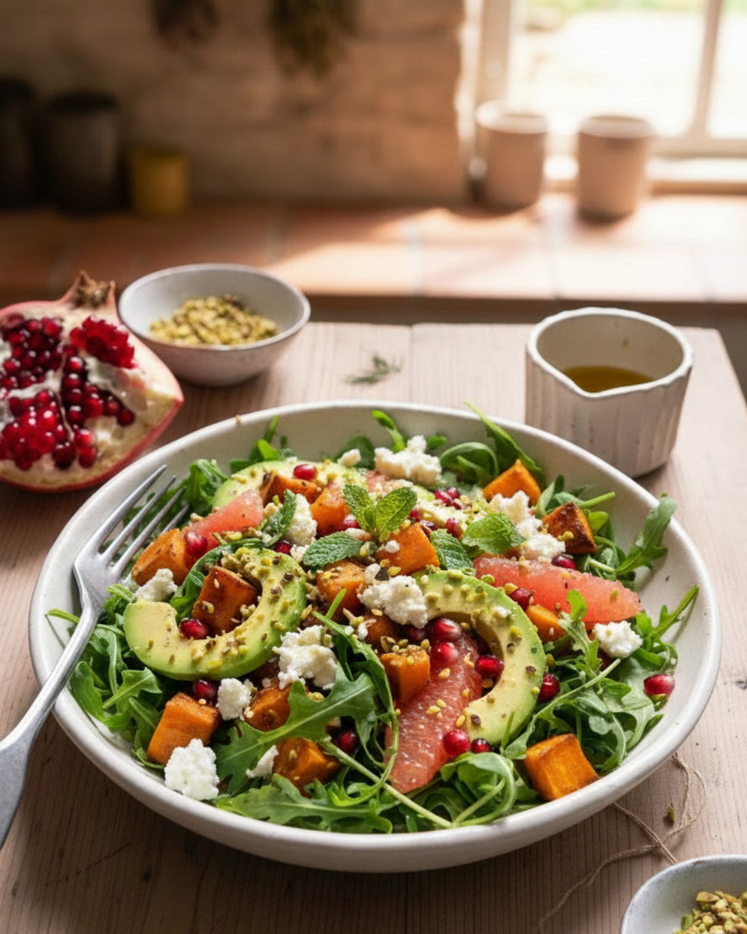Salade de roquette avec patate douce rôtie, pamplemousse, avocat, fromage de chèvre et éclats de pistaches servie dans un grand bol