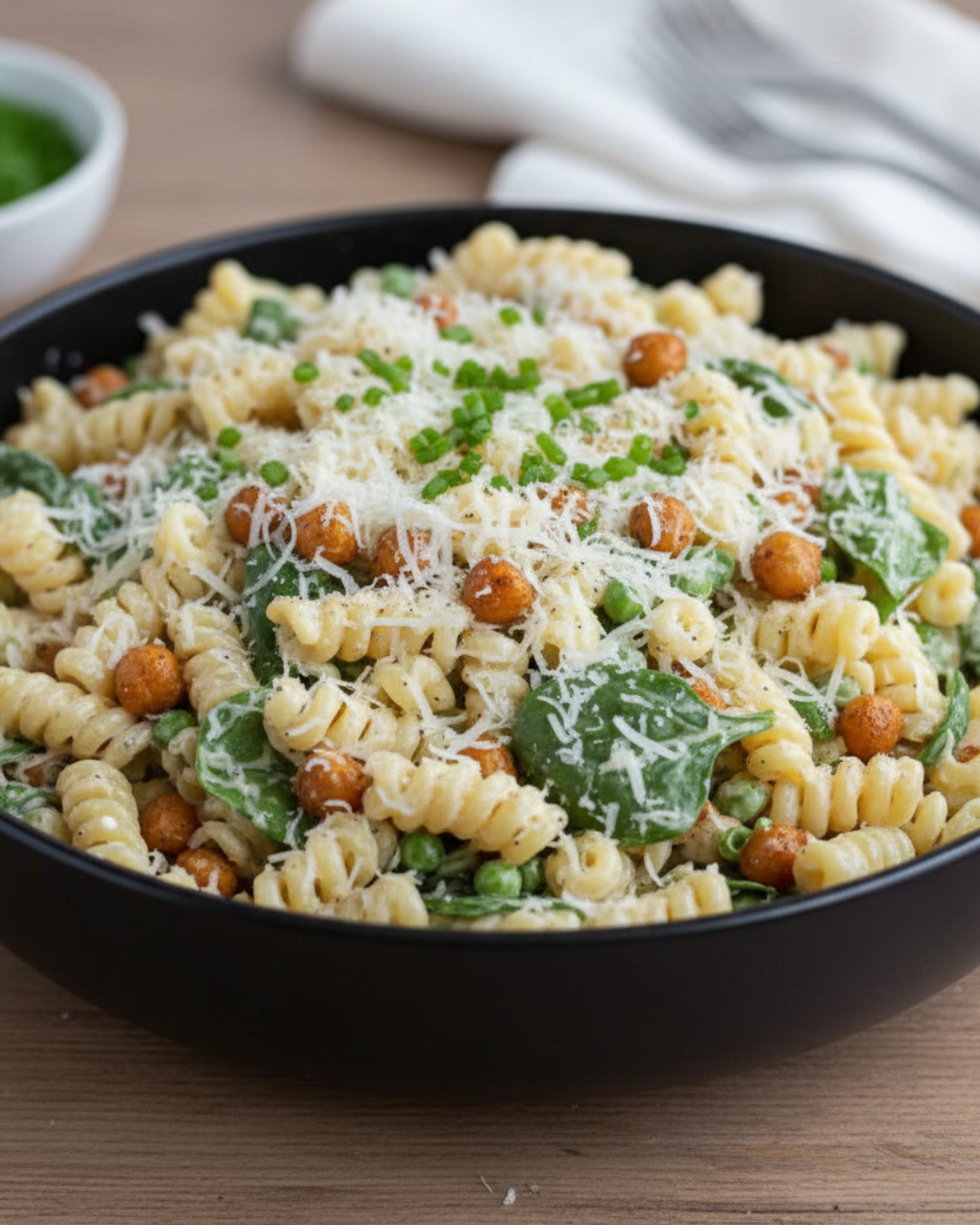 Salade de pâtes tiède aux pois chiches, salade verte et parmesan