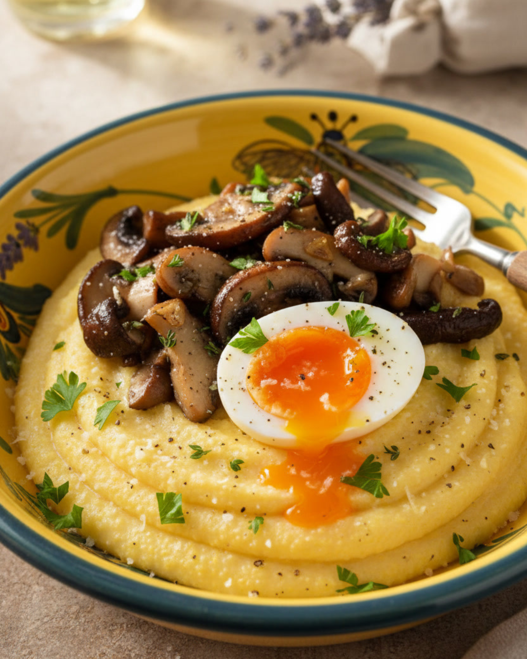 Bol de polenta crémeuse servie avec champignons poêlés et œuf mollet