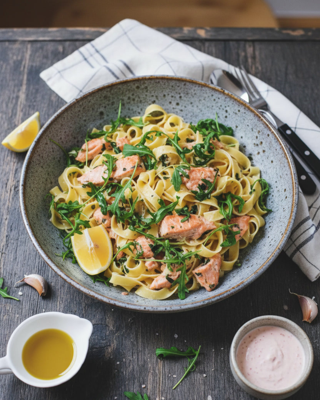 Assiette de pâtes crémeuses au saumon, roquette et citron, servie dans un bol en céramique, avec sauces