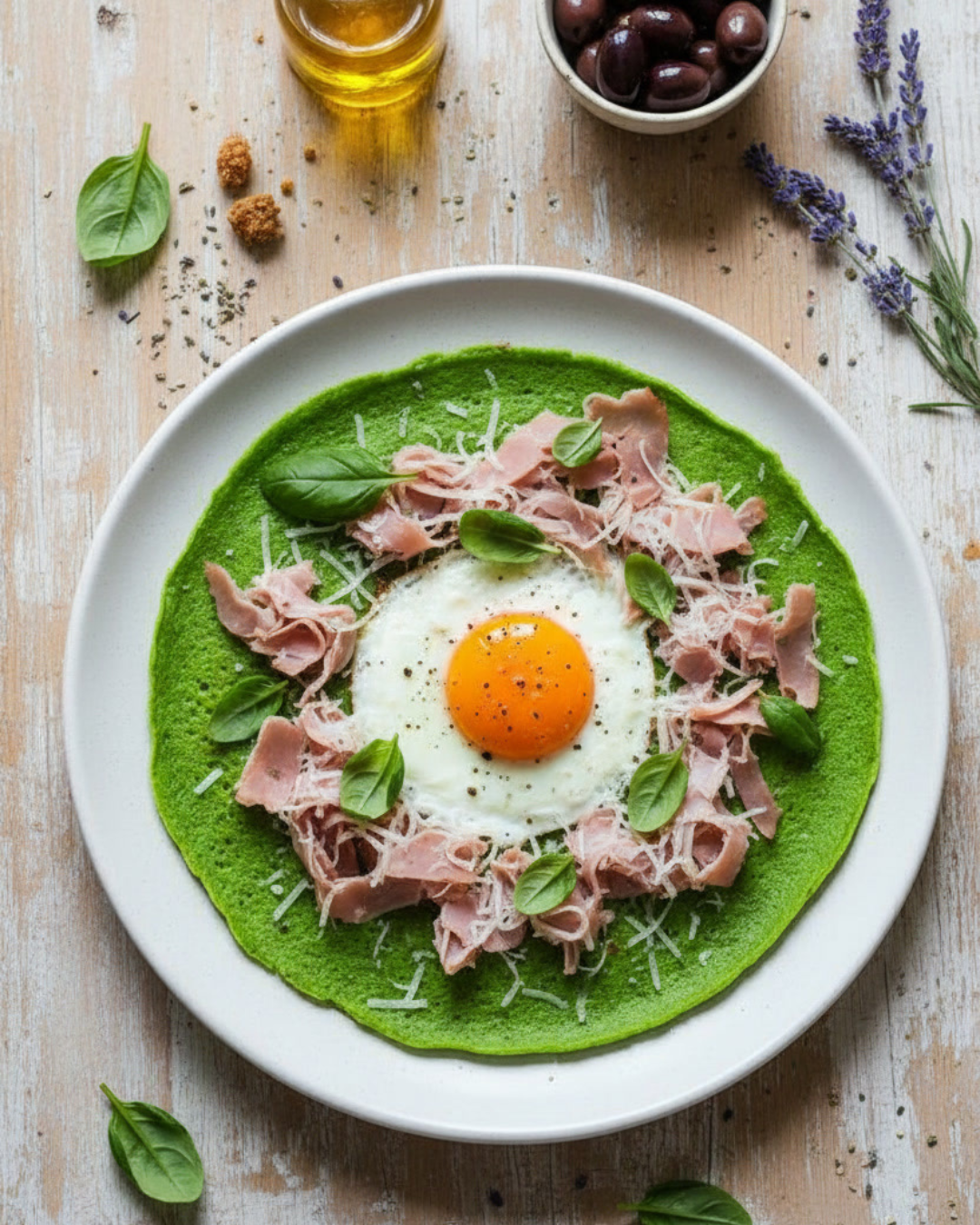 Galette verte aux épinards oeuf au plat et jambon blanc