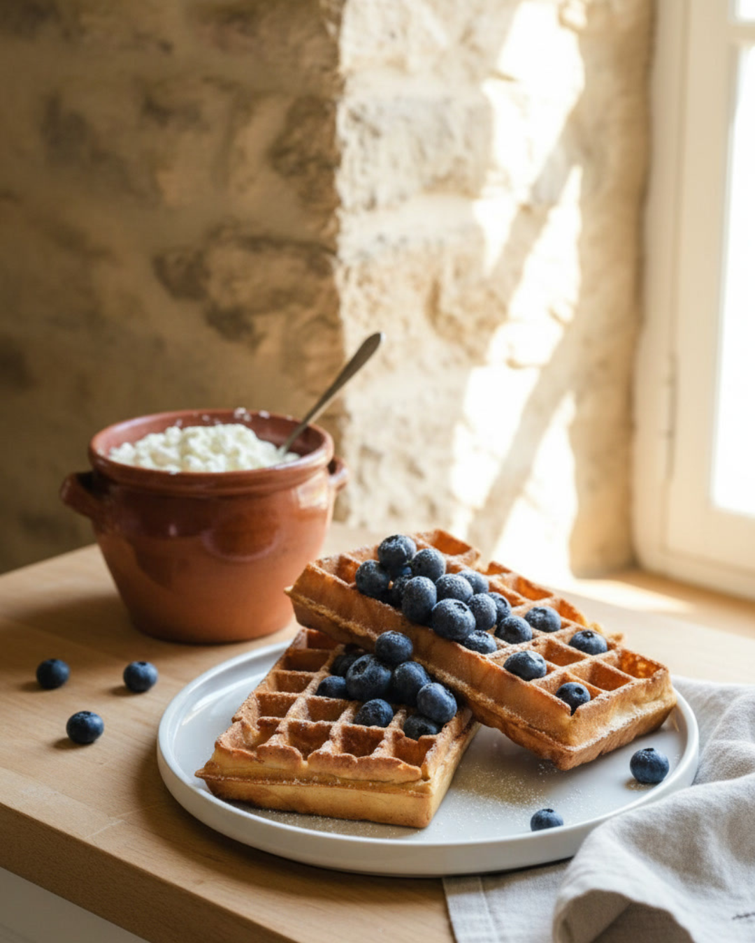 Assiette de gaufres dorées servies avec myrtilles et bol de fromage blanc