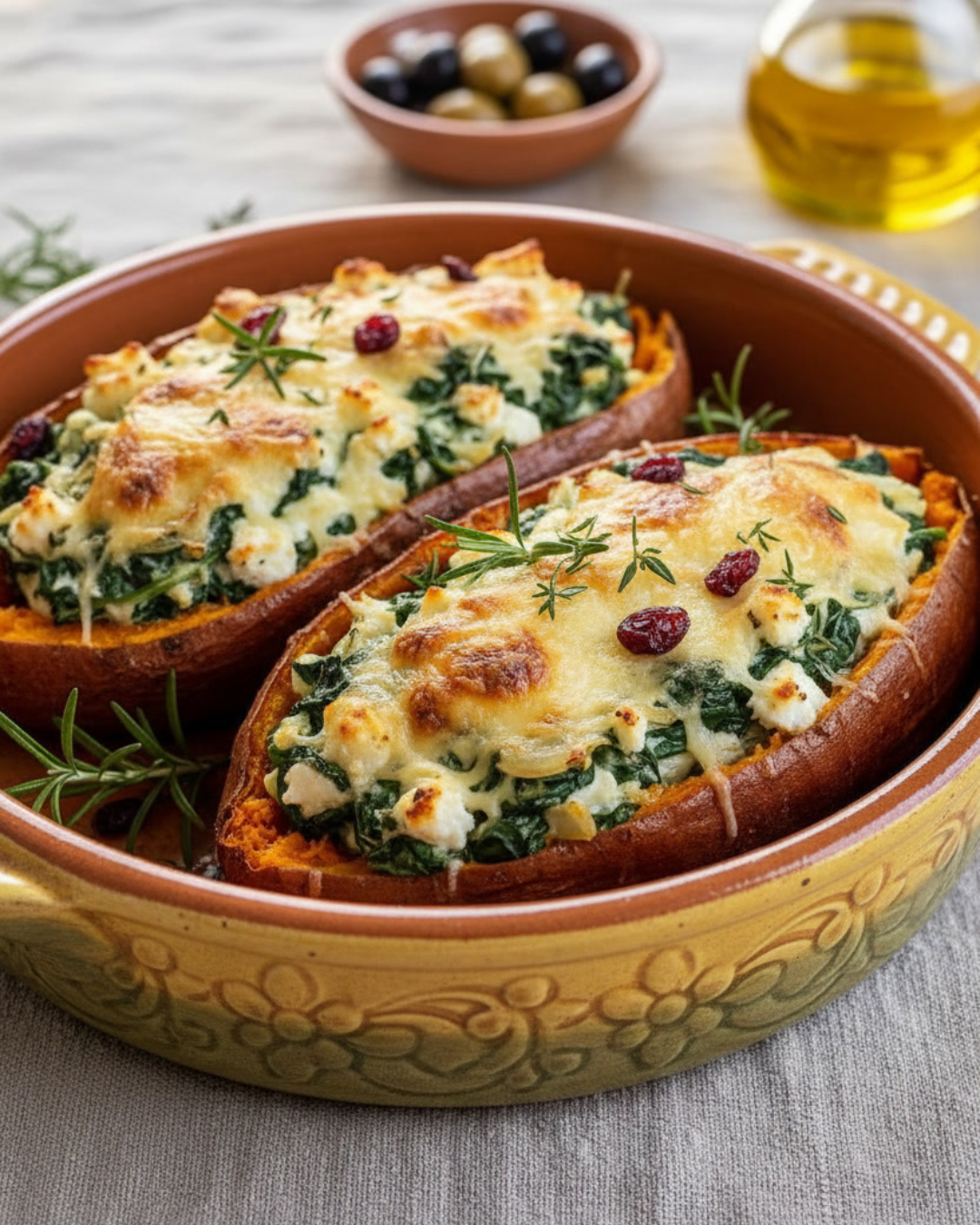 Patates douces coupées en deux, farcies aux épinards et fromage fondant, gratinées au four