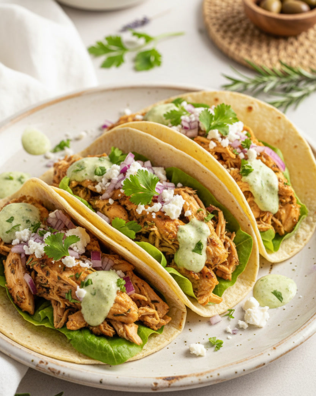 Tacos de poulet effiloché sauce verte douce