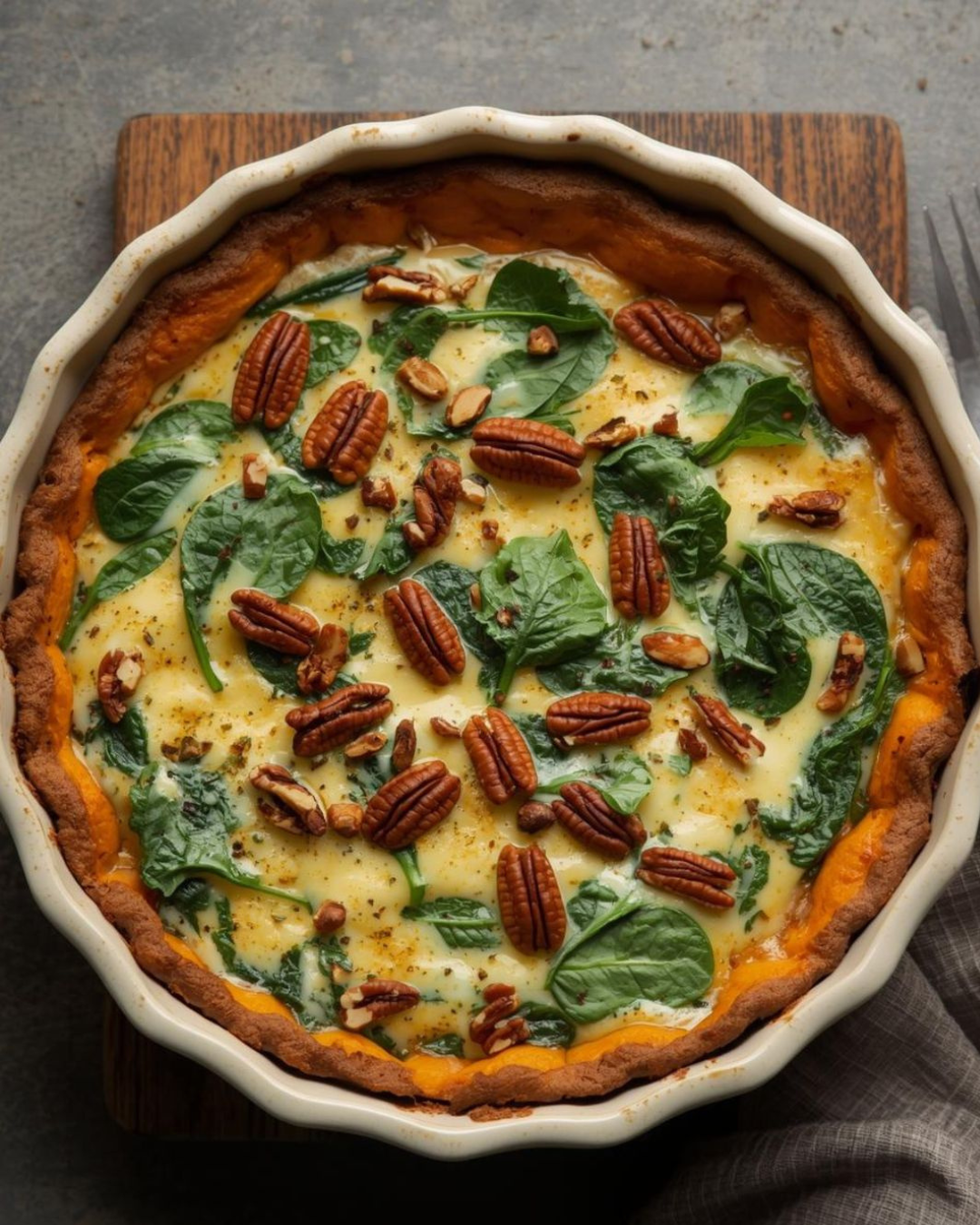 Tarte salée à base de patate douce, garnie d’épinards, gorgonzola fondu et noix de pécan