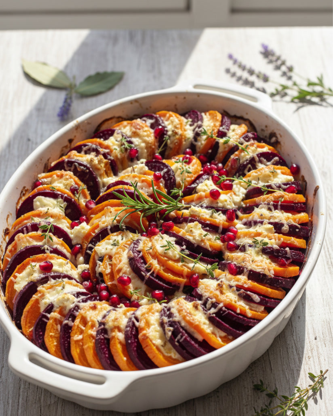 Plat de tian coloré avec rondelles de betterave et carotte sur lit de cabillaud, parsemé de fromage frais et d’herbes