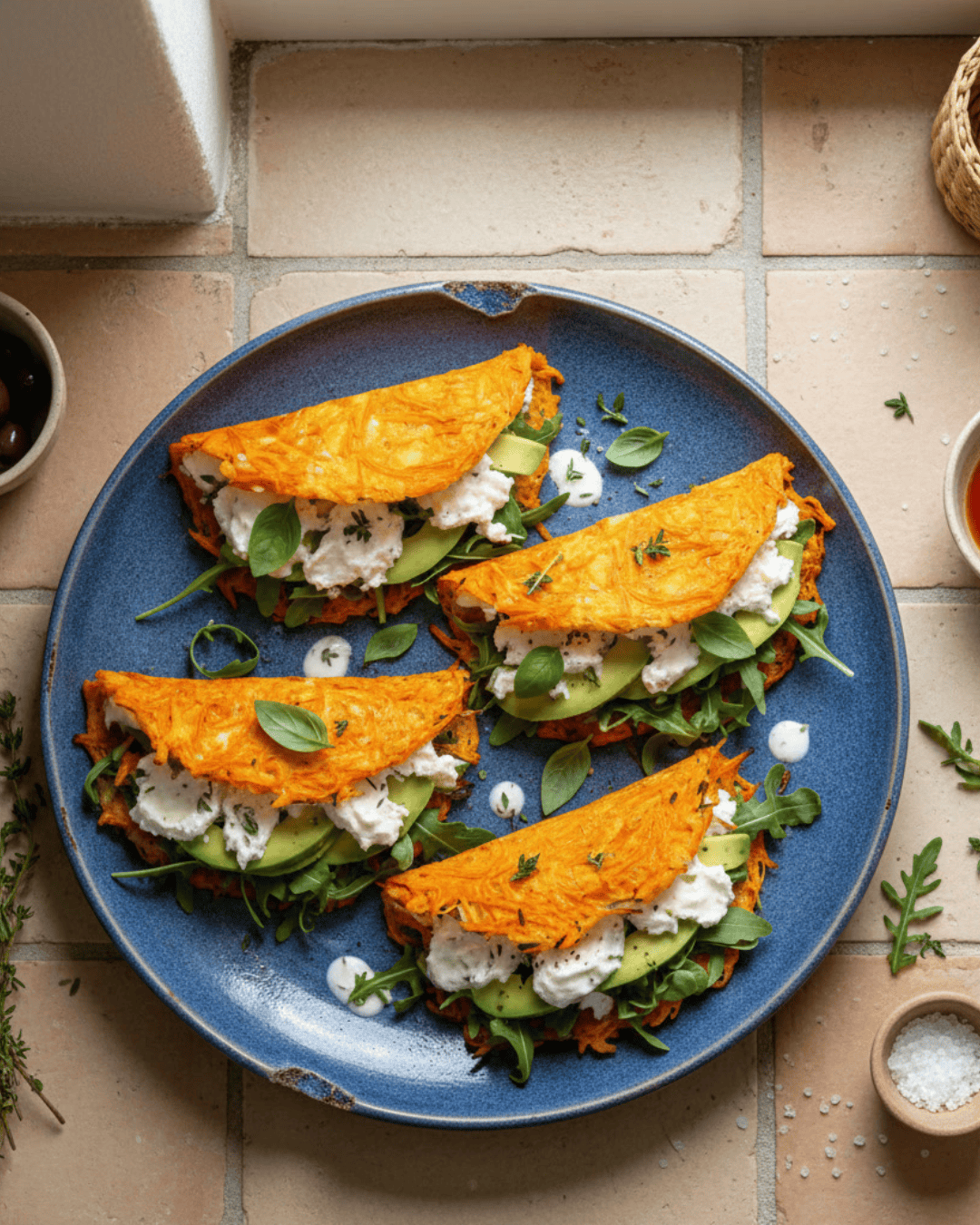 Wrap roulé à base de galette de carottes rôties, garni de fromage frais et roquette