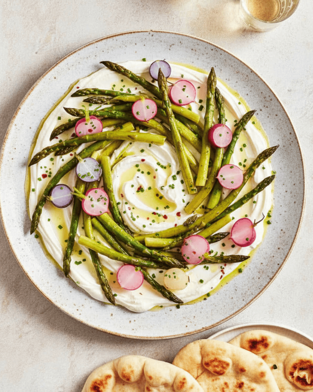 Feta fouettée aux asperges rôties, radis et pain chaud