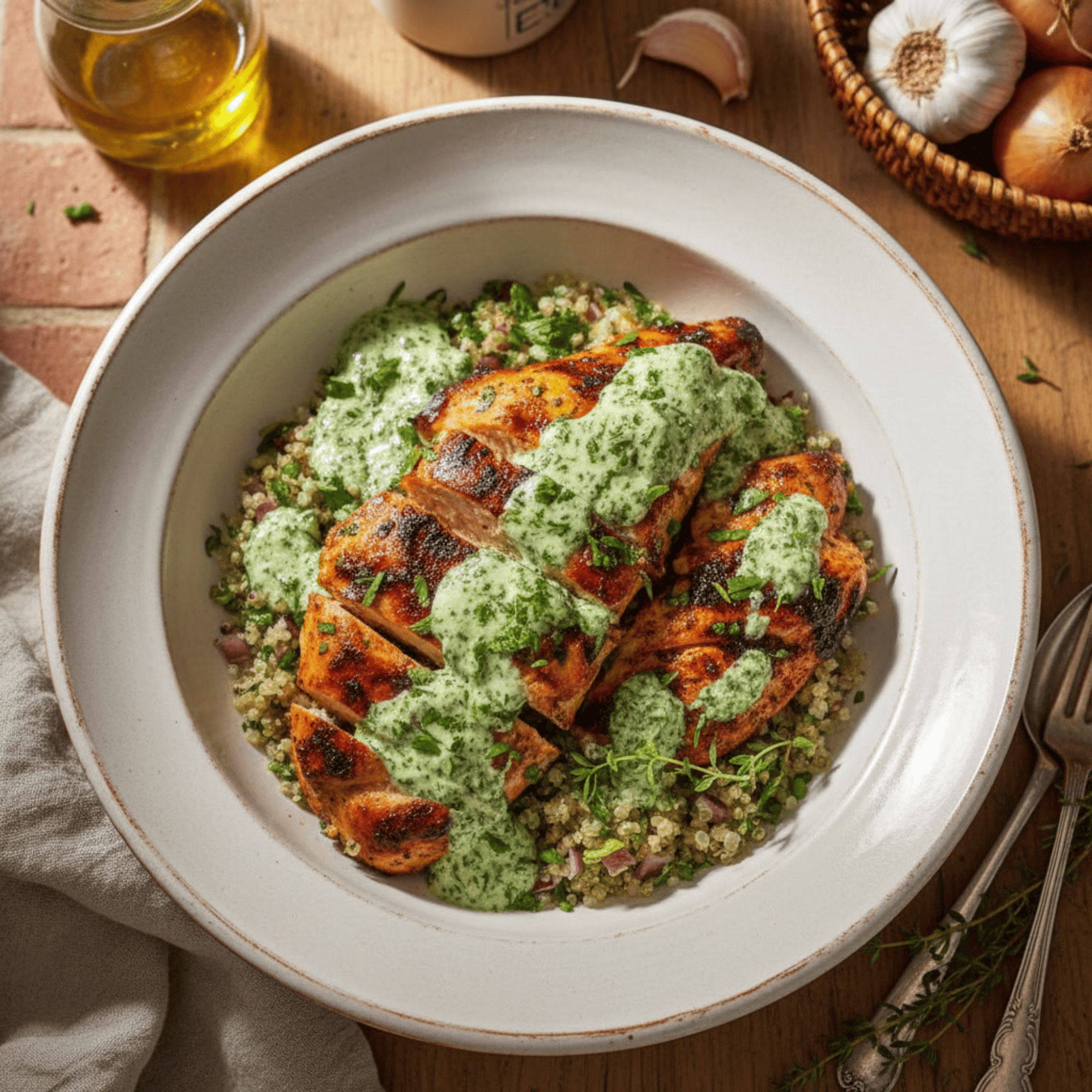 Bol de quinoa garni de poulet grillé aux épices et nappé de sauce verte chimichurri, avec roquette et oignon rouge