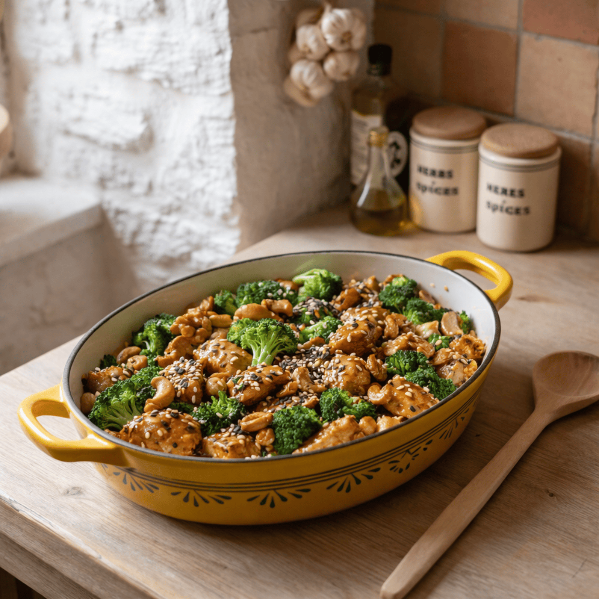 Poulet caramélisé cajou sésame et brocolis