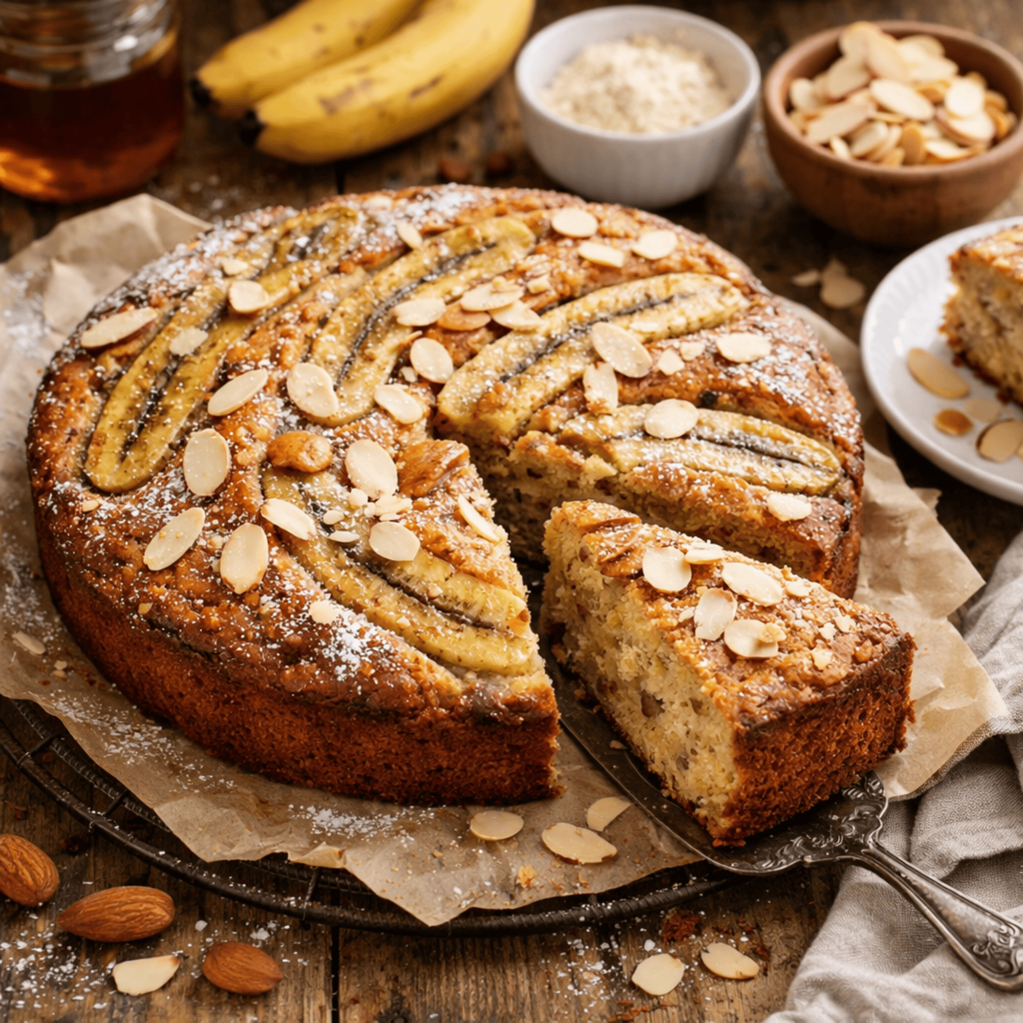 Gâteau moelleux à la banane et aux amandes tranché, décoré d’amandes effilées