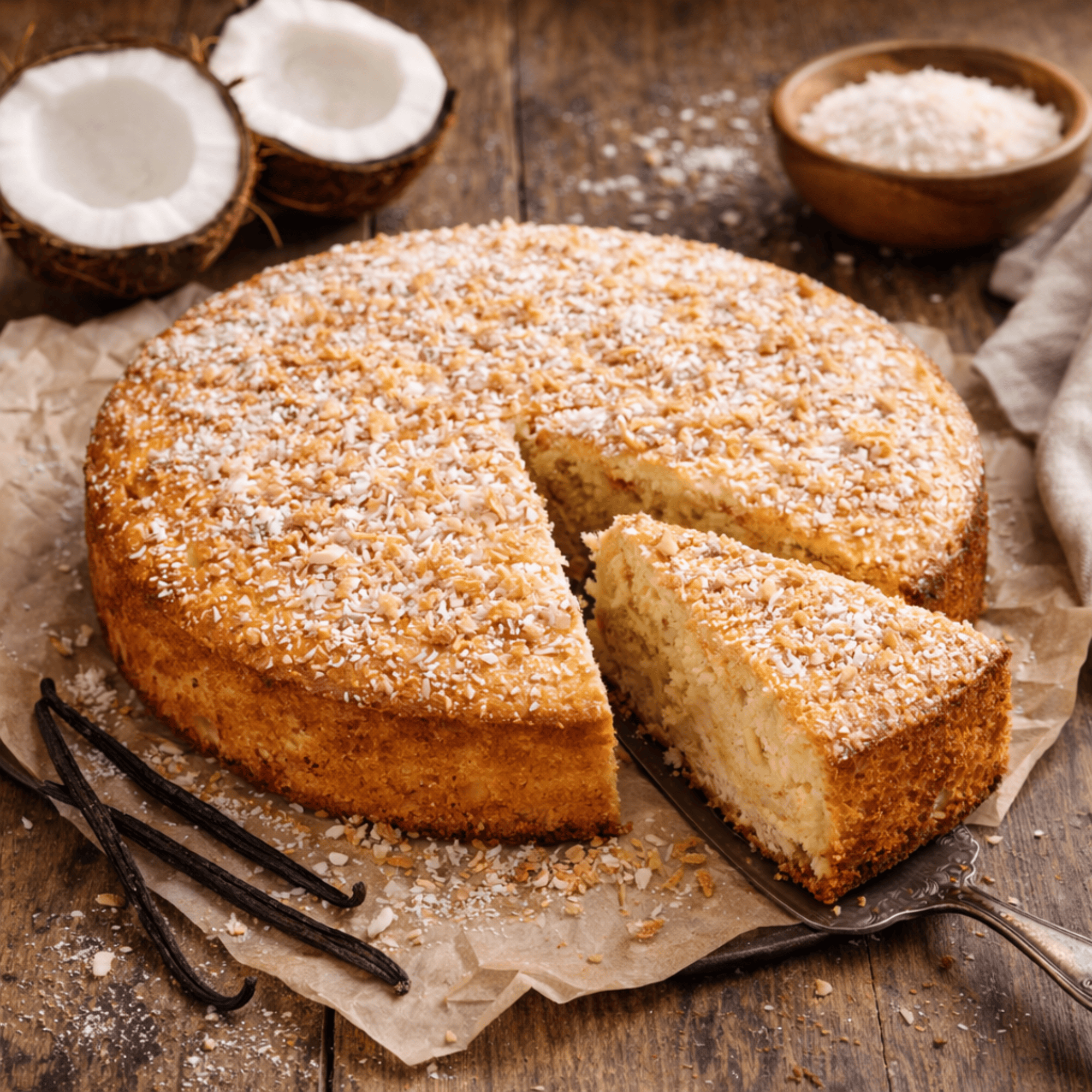 Gâteau coco-vanille moelleux saupoudré de sucre glace