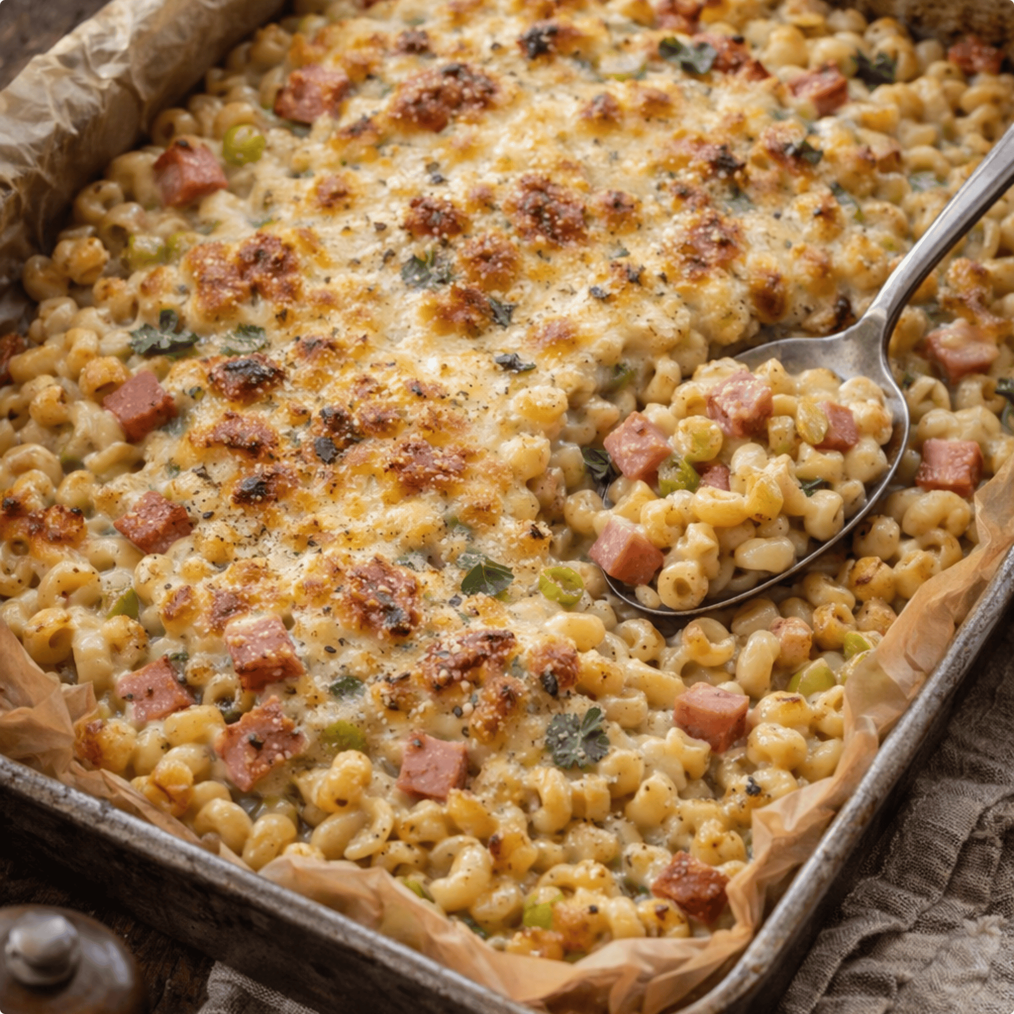 Plat de gratin de coquillettes aux poireaux et jambon gratiné au fromage