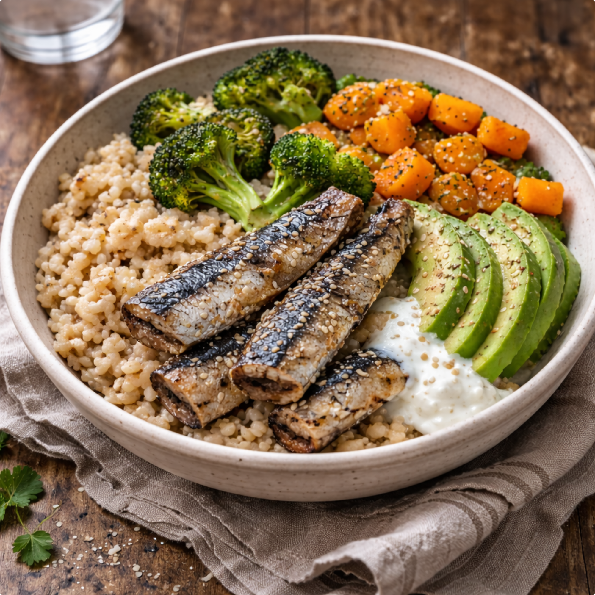 Buddha bowl avec riz complet, sardines, légumes rôtis, avocat et graines de sésame