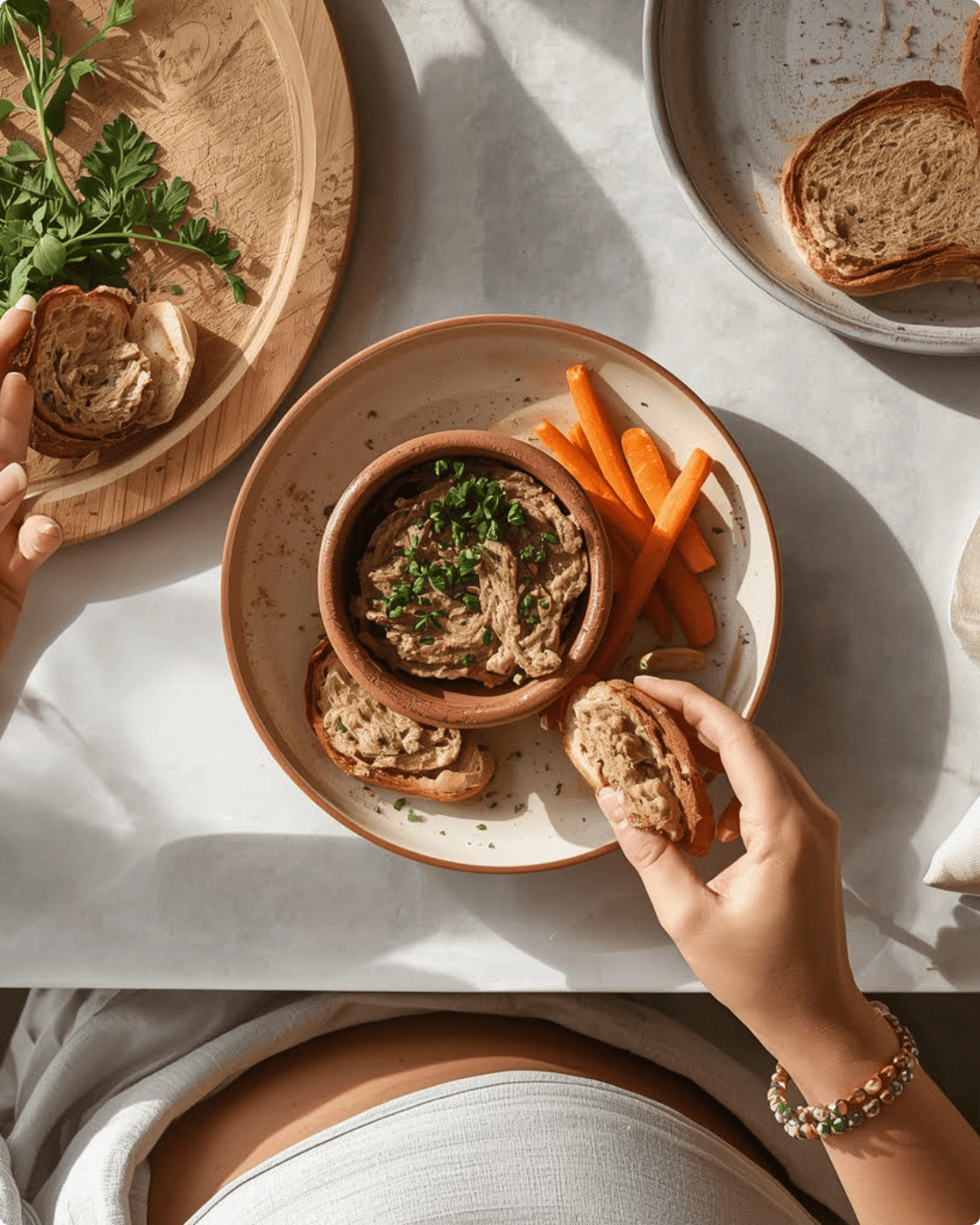 Tartinade de sardines au citron et aux herbes fraîches servie sur pain grillé avec des bâtonnets de carottes.