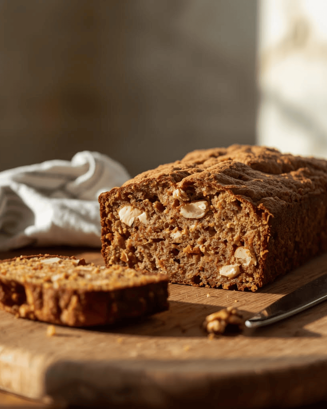 Cake salé aux carottes, chèvre et noix coupé en tranches