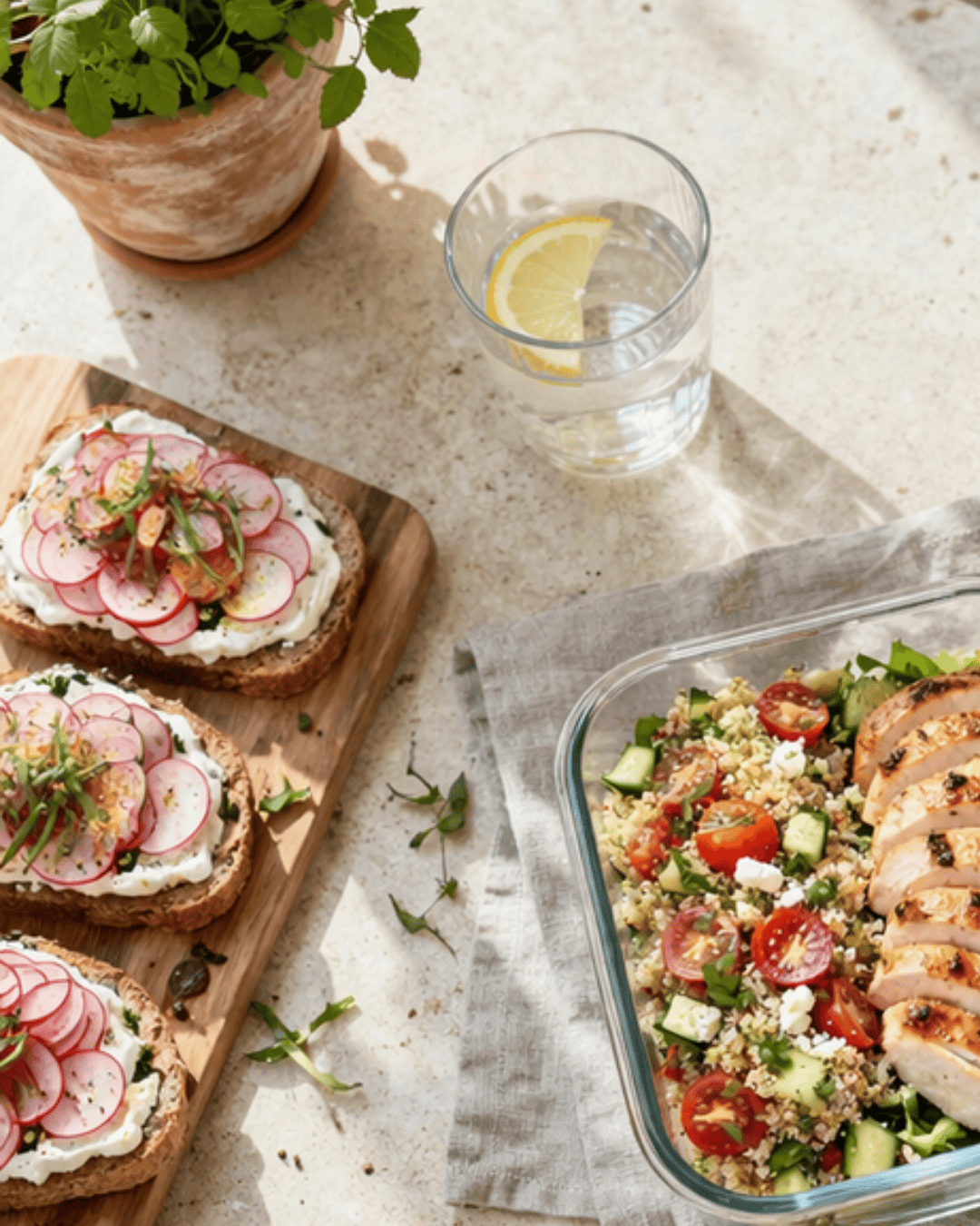Tartines au fromage frais avec radis en fines rondelles et herbes fraîches sur pain complet grillé.