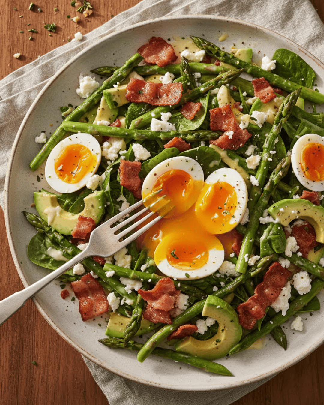 Salade tiède d’asperges, oeufs coulants, avocat et bacon