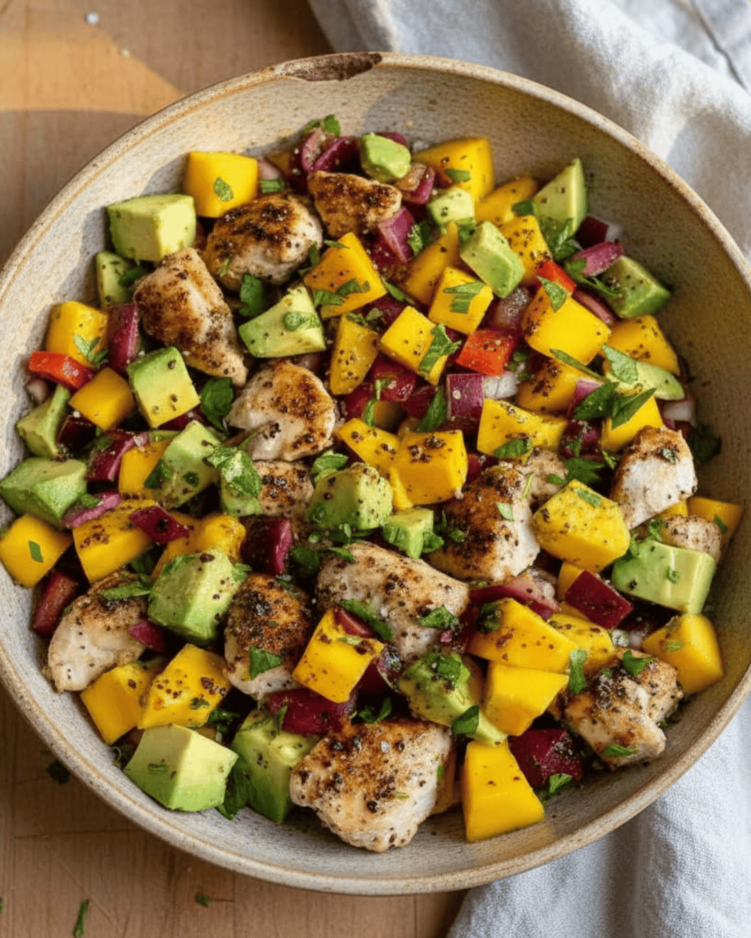Salade composée avec poulet grillé, mangue, avocat, légumes colorés dans un bol.