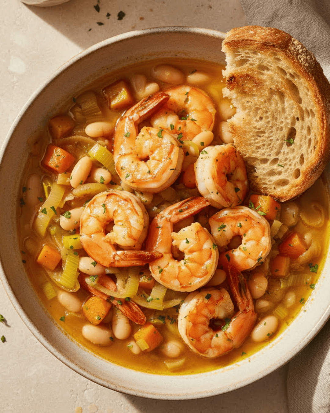 Crevettes mijotées aux légumes doux et haricots blancs