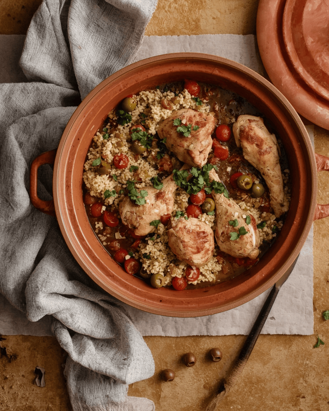 Poulet mijoté aux olives et citron confit servi avec du boulgour.